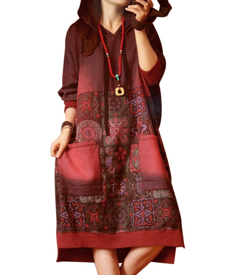 YESNO JCJ Women Casual Loose Ethnic Floral Hoodies Sweatshirts Jackets Long Sleeve/Pockets JCJ (One Size JCJTYP4 Red) - Image 1